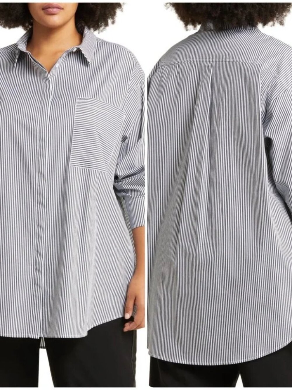 HONORE Maeve Oversized Button Up Poplin Shirt Grey Stripe